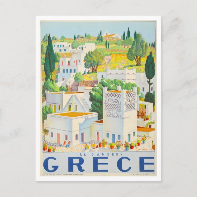 Postal Vintage Andros, Grecia, afiche de viajes (Anverso)