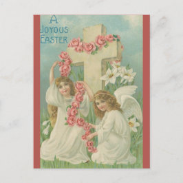 Postal Vintage Angels With a Cross Pink Flowers Easter