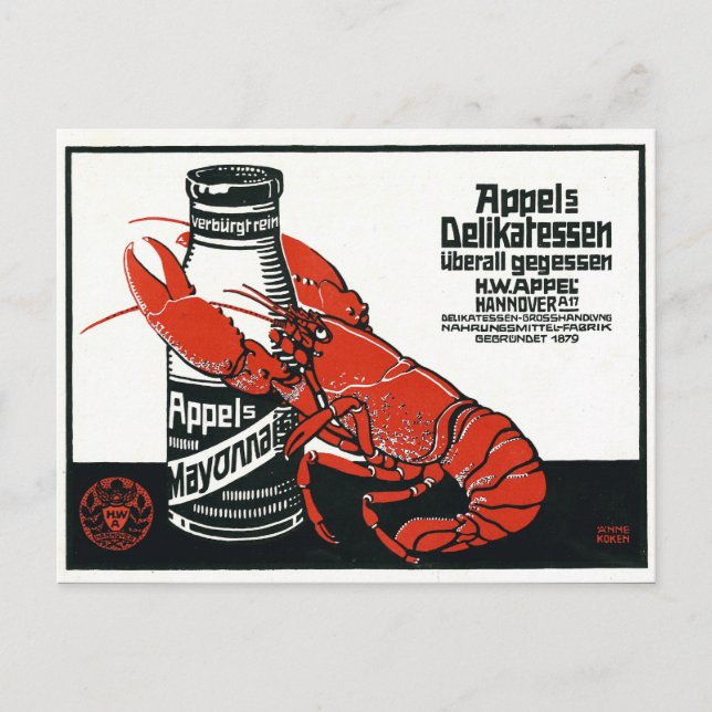 Postal Vintage Appel Mayonnaise Advertister Lobster (Anverso)