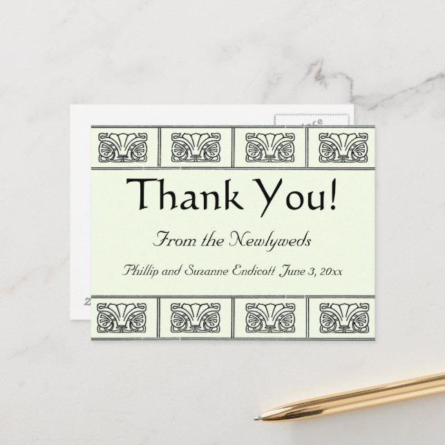 Postal Vintage Art Deco Flowers Border Gracias (Anverso/Reverso In Situ)