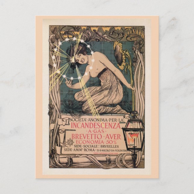 Postal Vintage art nouveau Ilustración italiana de gas (Anverso)