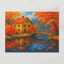 Postal Vintage Autumage House Maple Naranja Red Garden Po