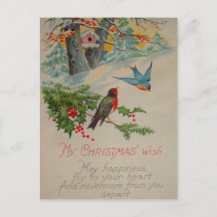 Postal Vintage Aves de invierno de color azul y rojo