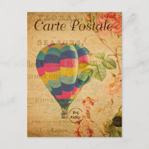 Postal Vintage Balón de aire caliente Flores florales Fra