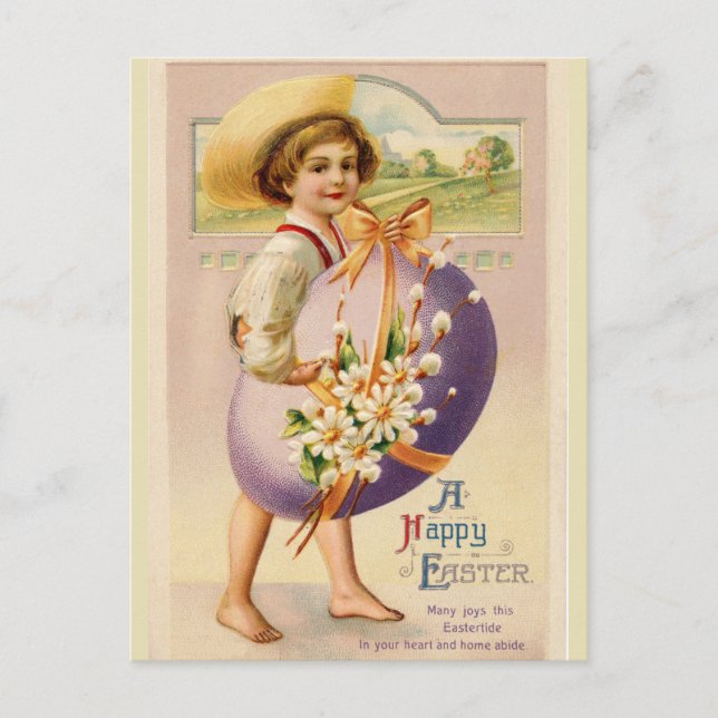 Postal Vintage Barefoot Boy Con Huevo De Pascua (Anverso)