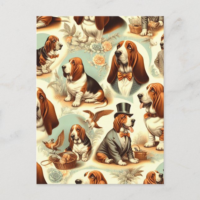 Postal Vintage Basset Hound Seamless Ilustracion (Anverso)