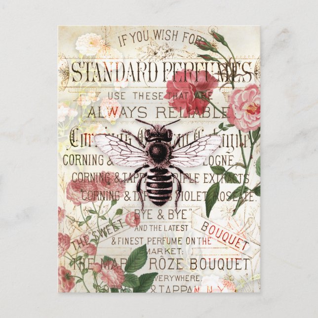 Postal Vintage Bee Rose Bouquet Ephemera (Anverso)