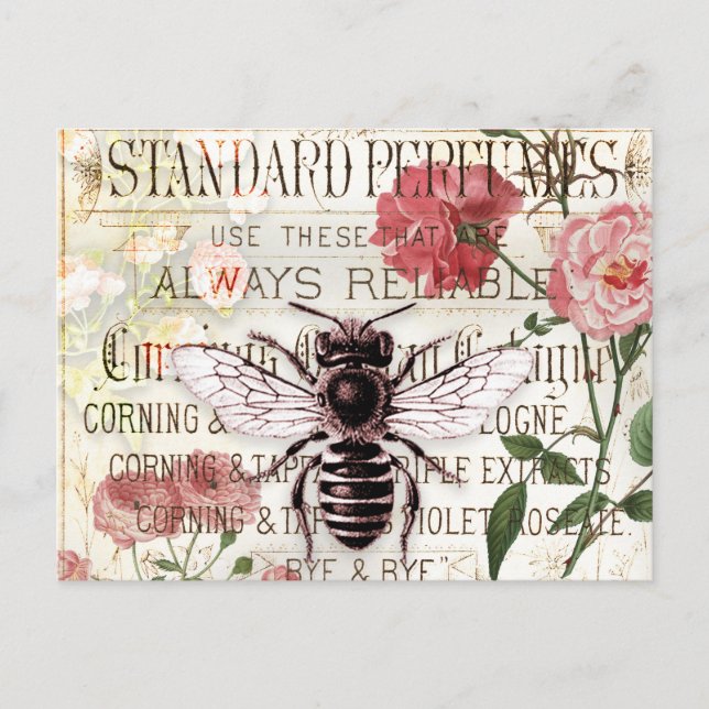 Postal Vintage Bee Rose Bouquet Ephemera (Anverso)