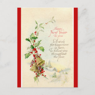 Postal Vintage Bells and Berries Feliz Año Nuevo