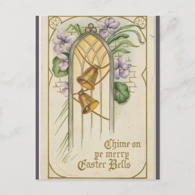 Postal Vintage Bells and Purple Flowers Easter (Anverso)
