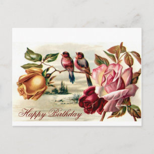 Postal Vintage Bird Rosas Birday Postcard