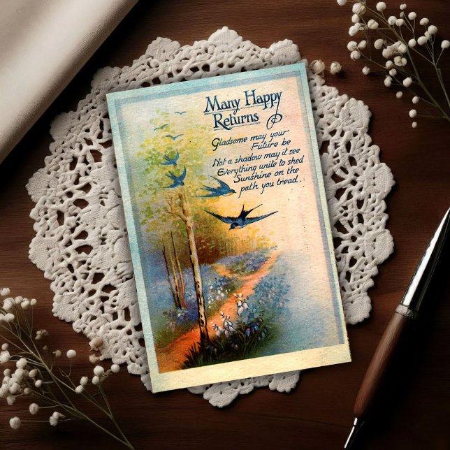 Postal Vintage Birthday 1917 Swallows (Subido por el creador)