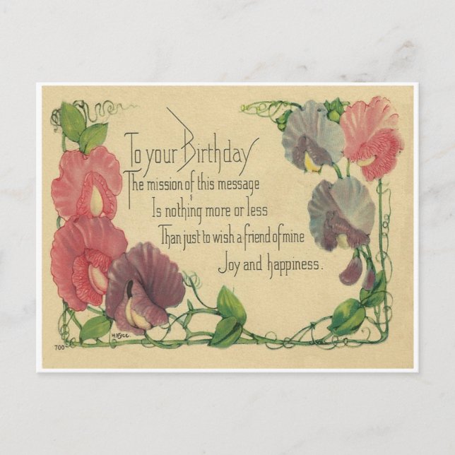 Postal Vintage Birthday Sweet Peas (Anverso)