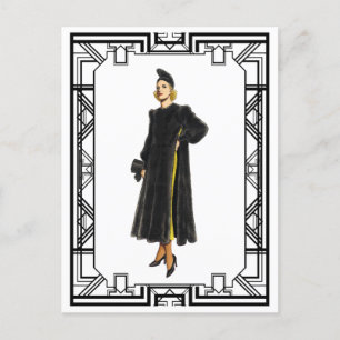 Postal Vintage Black and White Fur Coat Fashion de los añ