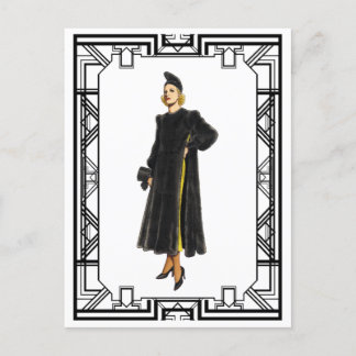 Postal Vintage Black and White Fur Coat Fashion de los añ