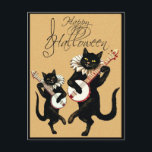 Postal Vintage Black Cat Music con Banjo Happy Halloween<br><div class="desc">Esta hermosa postal vintage muestra a dos gatos con una bocanada,  bailando y tocando el banjo. El mensaje de caligrafía de arriba incorpora bajos y arcos de soprano. Disponible exclusivamente en ©Oh_Nostalgia tienda online. Todos los derechos de diseño reservados.</div>