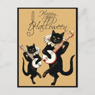 Postal Vintage Black Cat Music con Banjo Happy Halloween
