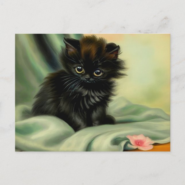 Postal Vintage Black Kitten Ilustracion (Anverso)