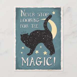 Postal Vintage Blue Magic Black Cat Stars Moon