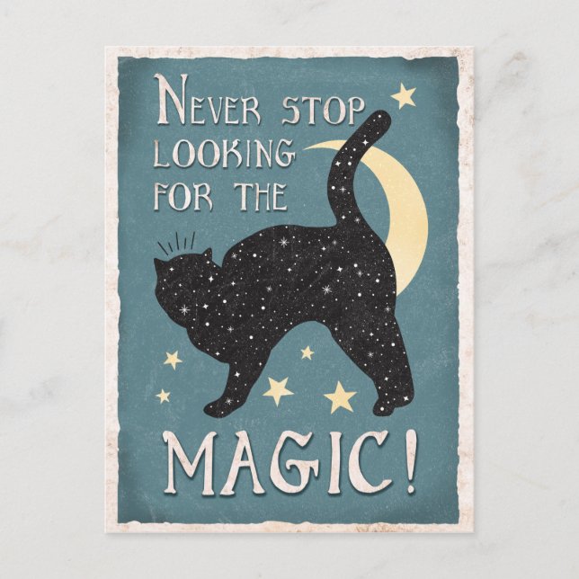 Postal Vintage Blue Magic Black Cat Stars Moon (Anverso)