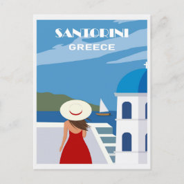 Postal Vintage Blue Santorini Grecia Mujer Viajera Griega