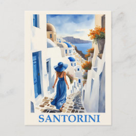 Postal Vintage Blue Santorini Grecia Mujer Viajera Griega