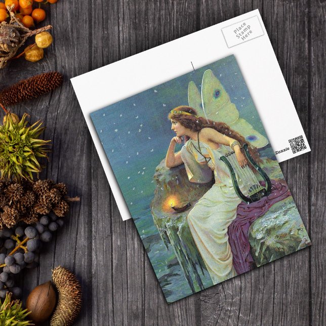 Postal Vintage Bonito Fae Harp Candle Ocean (Vintage image pretty fairy with harp on cliff by ocean with candle on postcard.)