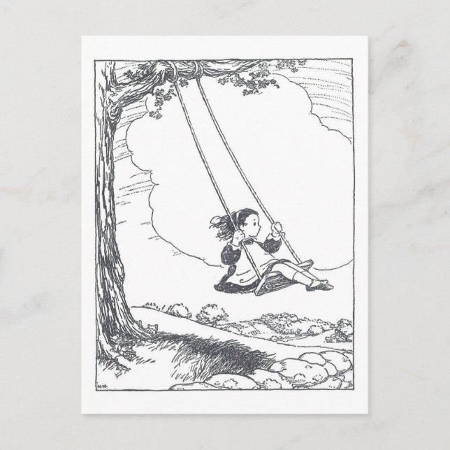 Postal Vintage Book Illustration Girl Swinging (Anverso)