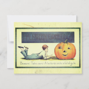 Postal Vintage Boy habla con Jack-o-Lantern Halloween