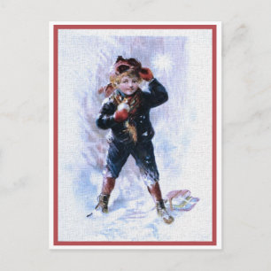 Postal Vintage Boy Jugando Bolas De Nieve