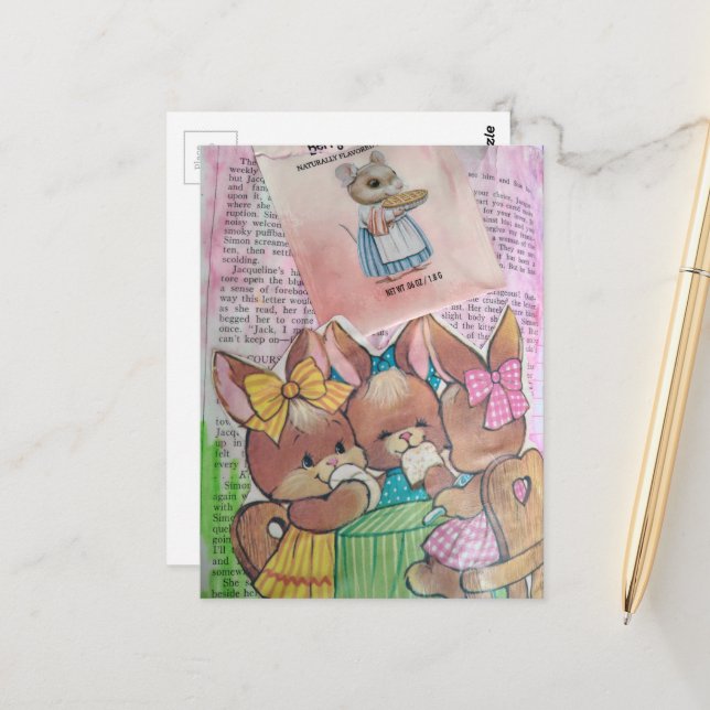 Postal Vintage Bunnies and Mouse Collage (Anverso/Reverso In Situ)