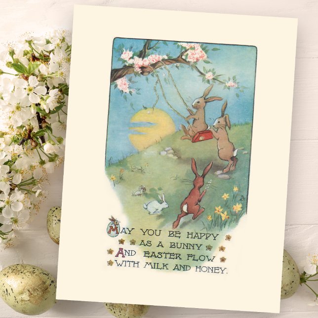 Postal Vintage Bunnies Playing on Swing with Easter Poem (Subido por el creador)
