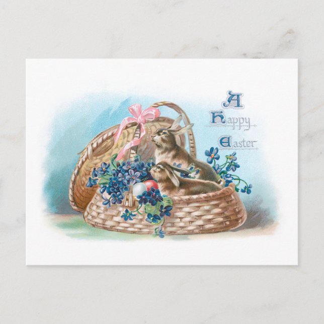 Postal Vintage Bunnis de Pascua y Forget-Me-Nots (Anverso)