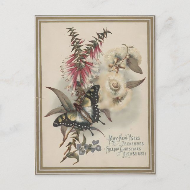 Postal Vintage Butterfly & Australian Flowers Christmas (Anverso)
