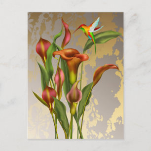 Postal Vintage Calla Lilies y Hummingbird