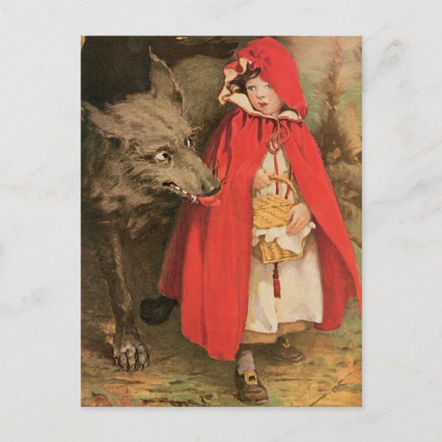Postal Vintage Caperucita Roja y gran lobo malo (Anverso)