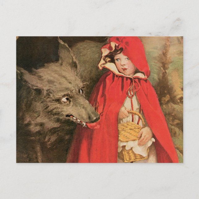 Postal Vintage Caperucita Roja y gran lobo malo (Anverso)