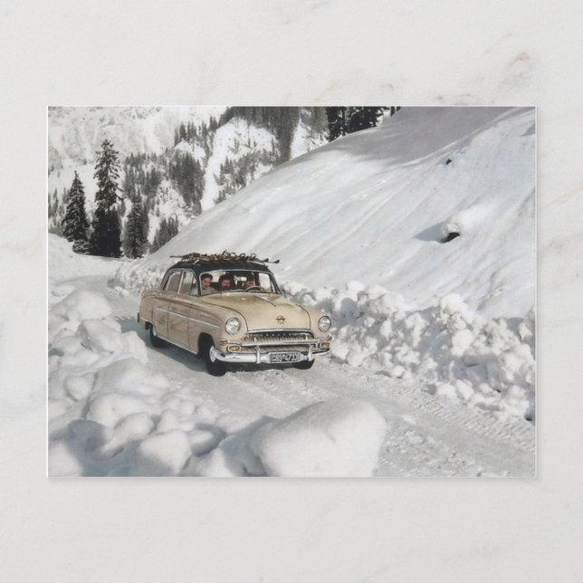 Postal Vintage car advertising, winter scene (Anverso)