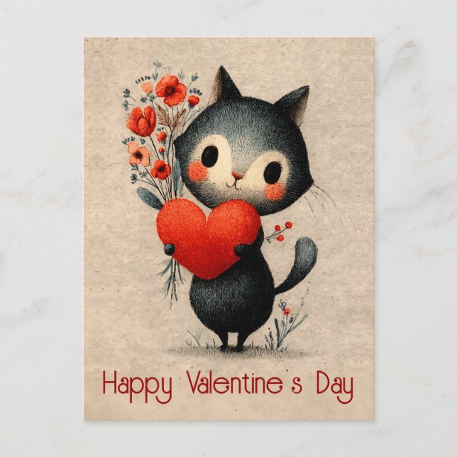 Postal Vintage Cat With Heart Valentine's Day (Anverso)