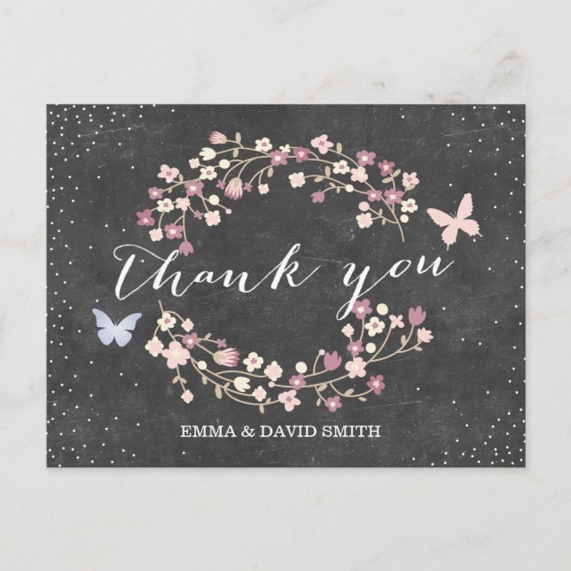 Postal Vintage Chalkboard Butterfly & Flowers Gracias (Anverso)