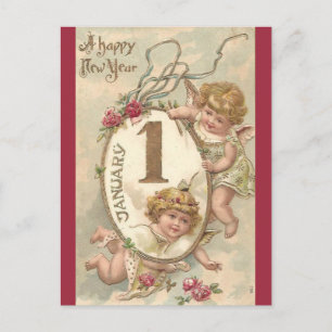 Postal Vintage Cherubs Feliz Año Nuevo