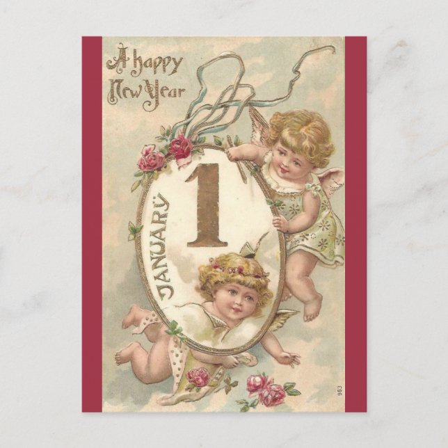 Postal Vintage Cherubs Feliz Año Nuevo (Anverso)