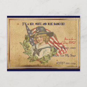 Postal Vintage Chica con Flags Memorial Day