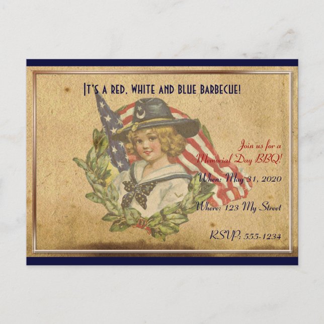 Postal Vintage Chica con Flags Memorial Day (Anverso)