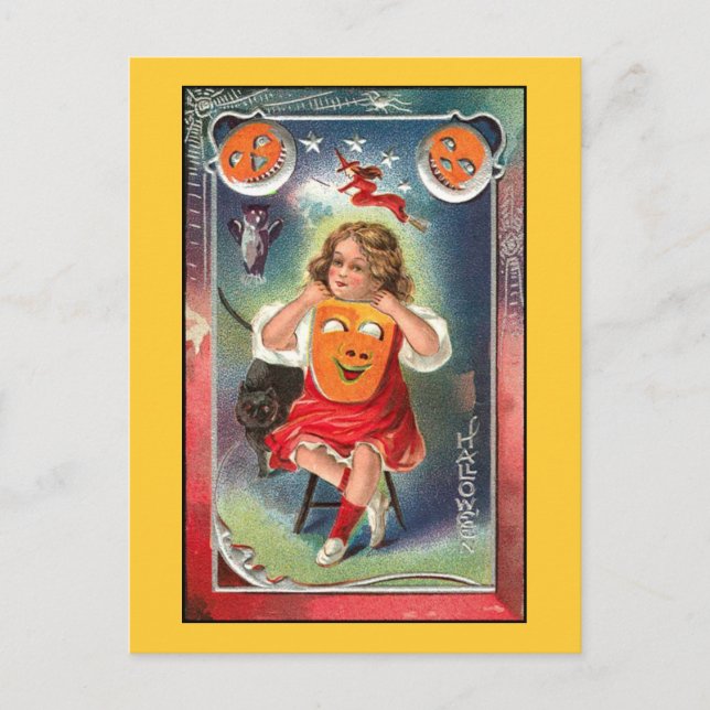 Postal Vintage - Chica de Halloween con máscara (Anverso)