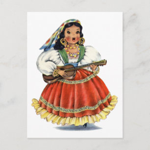 Postal Vintage Chica Mexicano Vestido Tradicional