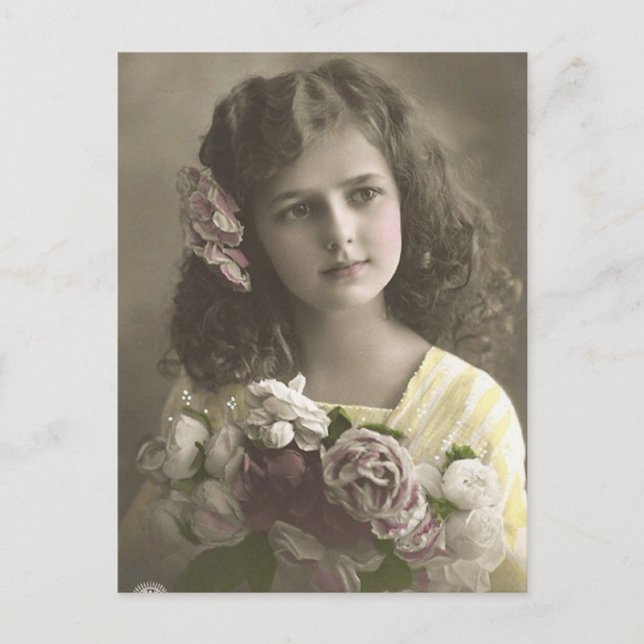 Postal Vintage Chica Victoriano Con Flores (Anverso)
