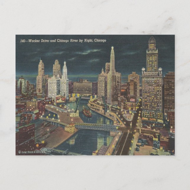 Postal Vintage Chicago Night Skyline (Anverso)