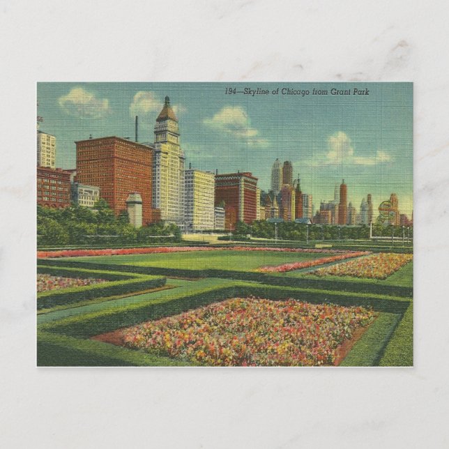 Postal Vintage Chicago Skyline Grant Park Illinois (Anverso)