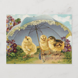 Postal Vintage chichas de Pascua bajo un paraguas